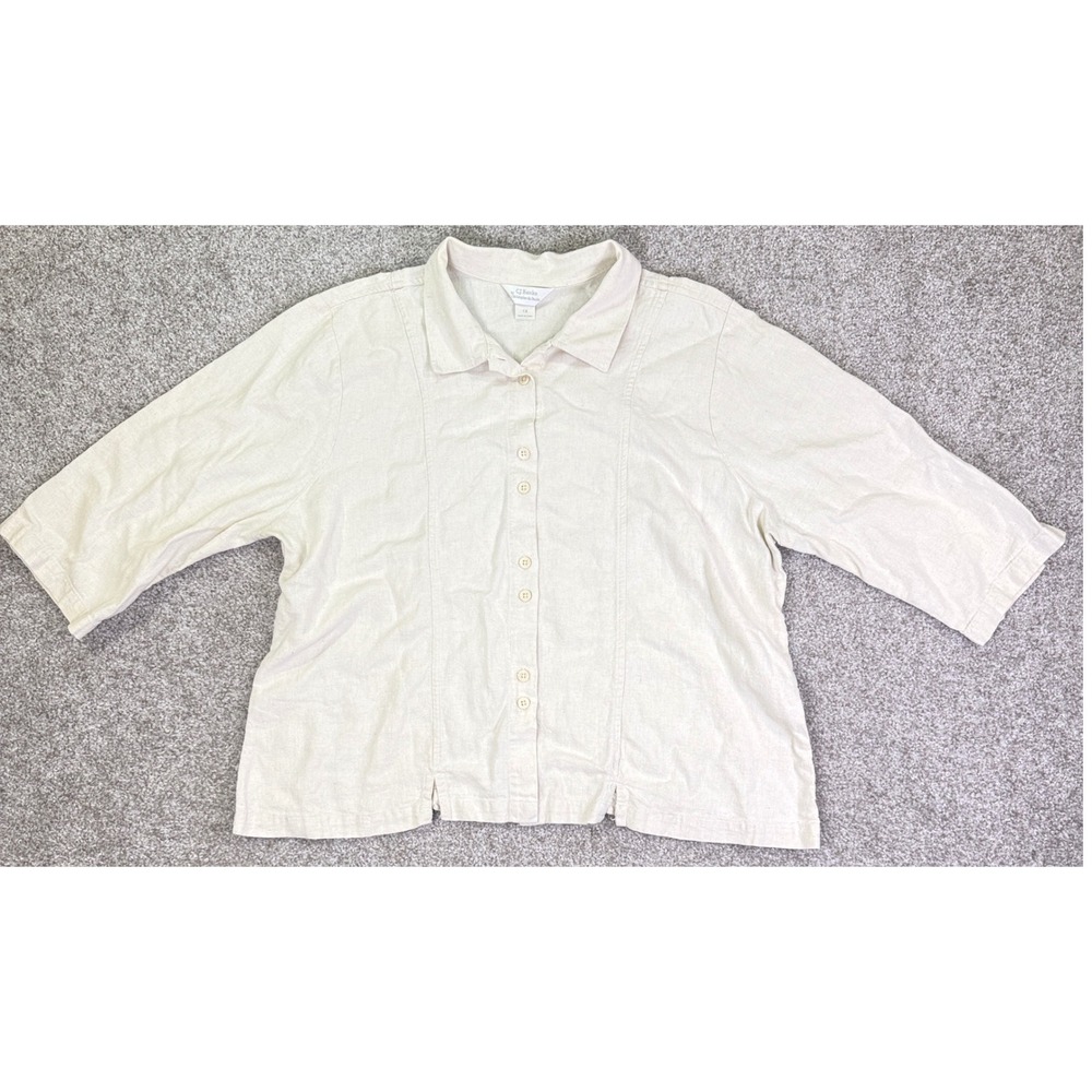 CJ Banks Button Up Shirt Womens 1X Beige Linen Blend 3/4 Sleeve Casual Classic